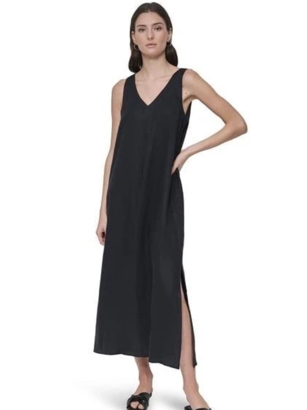 DKNY Black V-Neck Sleeveless Maxi linen blend Dress XS